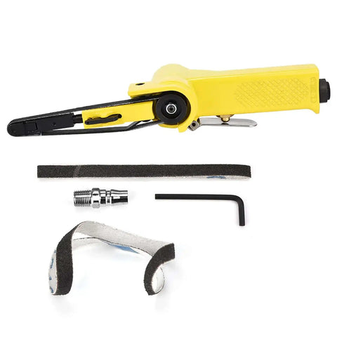 Pneumatic Belt Sander Polisher with 360° rotating handle and quick belt change, shown with accessories for Grinding Welding Parts Burr Bustin Chamferin