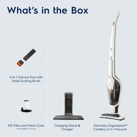 Electrolux Ergorapido cordless 2-in-1 vacuum in satin white with charging stand, crevice tool, dusting brush, and E10 filter.