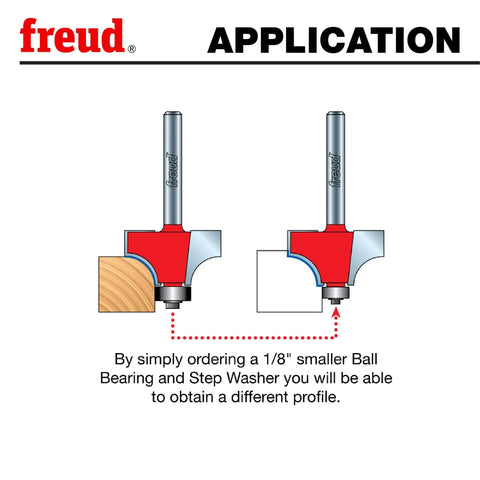 Diagram showing Freud Quadra Cut Radius Rounding Over Bit With Perma Shield Coating for altering wood edge profiles.