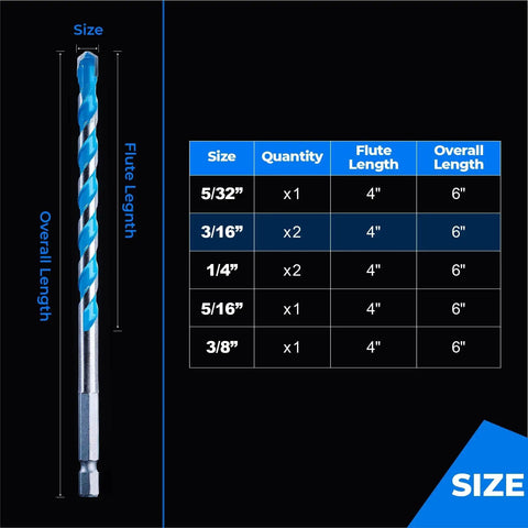 Heavy Duty Three Sixteenth Inch Concrete Drill Bit Set For Masonry And Hammer Drills With Shockproof Hex Shank Box Of 10 Industrial Strength Carbide Tips For Glass Brick Plastic Cement Tile By Toolant shown with size chart
