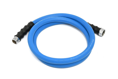 Blue rubber garden hose, 3/4 in x 6 ft, with black molded grips and metal connectors