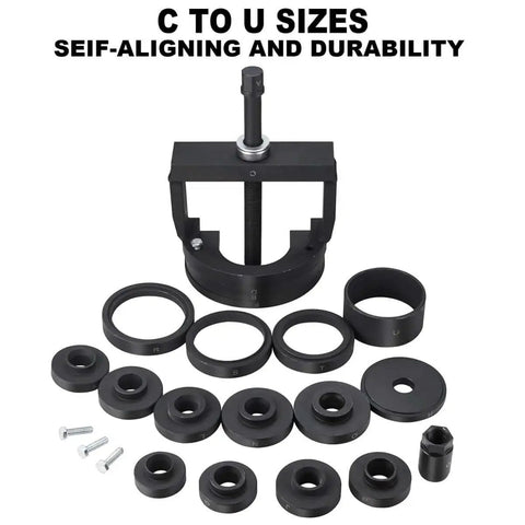 Ultimate Wheel Hub Removal Tool Set With C To U Sizes Front And Rear Wheel Bearing Remover And Installer Kit displayed.