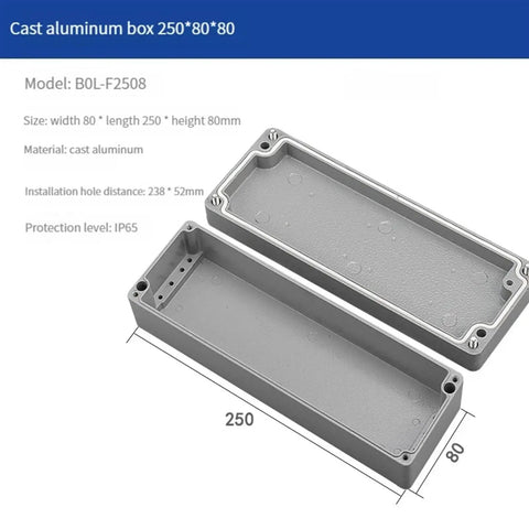 Open view of IP66 Waterproof Cast Aluminum Junction Box For Outdoor Electronic Projects, 250 x 80 x 80 mm dimensions.