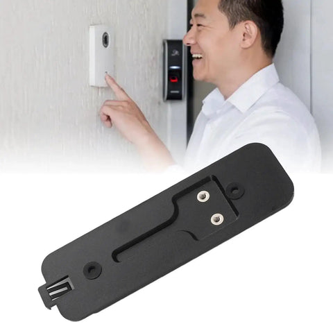 Black Video Doorbell Back Plate Replacement Part With Hooks in use, lightweight plastic mount, low profile black finish, easy install kit shown