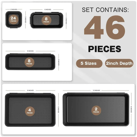 46 Piece Tool Box Organizer Tray Divider Set In Black With Five Sizes for small parts sorting and storage.