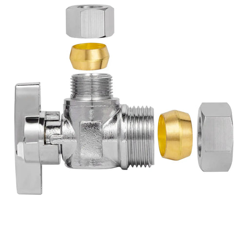 Heavy Duty Angle Stop Valve 1/2 Inch Nominal 5/8 Inch OD Compression X 3/8 Inch OD Compression, lead-free brass components shown