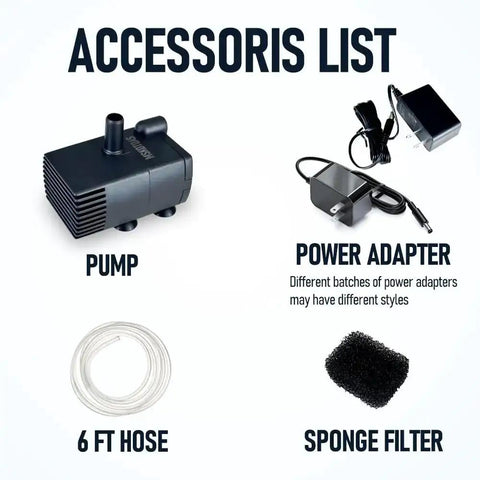 Automatic Sump Pump With Water Sensor For Condensate Removal From Dehumidifiers accessory list featuring pump, power adapter, hose, sponge filter