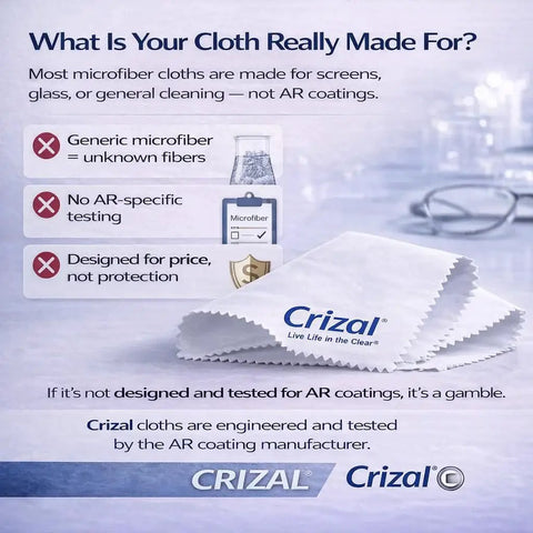 Crizal Microfiber Cleaning Cloths For Eyeglasses Safe On AR Coatings with informational text about AR-specific testing.