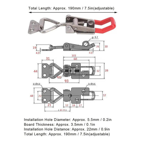 Heavy Duty Toggle Clamp 304 Stainless Steel With Adjustable Lever Handle Delivers 250Kg Clamping Force For Welding Jigs And Fixtures Built Tough For Secure Easy Setup, with technical diagram and measurements.