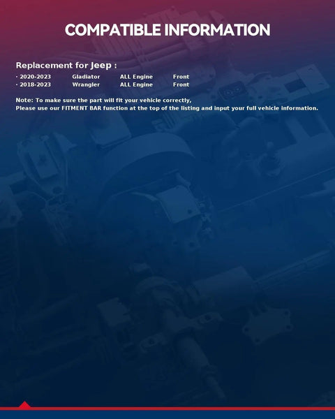 Compatibility information for Pair Front Wheel Bearing And Hub Assembly 513423 5 Lug Direct Fit For Jeep models 2018-2023.