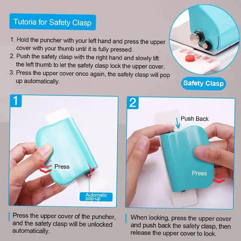 Tutorial on using a 10 Hole Puncher For Loose Leaf Paper, showing safety clasp function with a blue handheld metal circle punch tool.