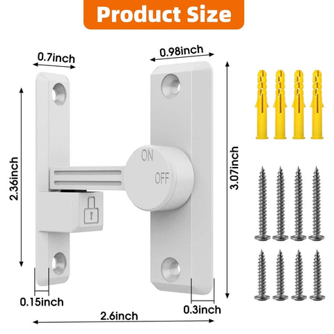 Barn Door Latch 90 And 180 Degree Sliding Latch For Privacy And Security In Bathrooms Garages Bedrooms Fences And Cabinets Zinc Alloy Construction Built Tough Moisture Proof Corrosion Resistant Hardware Easy Install White Finish showing dimensions and screws