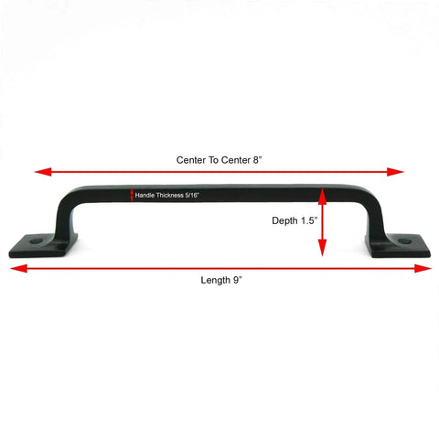 Black Cast Iron Pull Handles 9 Inch Square Base Set Of 2 Durable Powder Coated Finish for cabinet doors, gates, barn doors, front view.