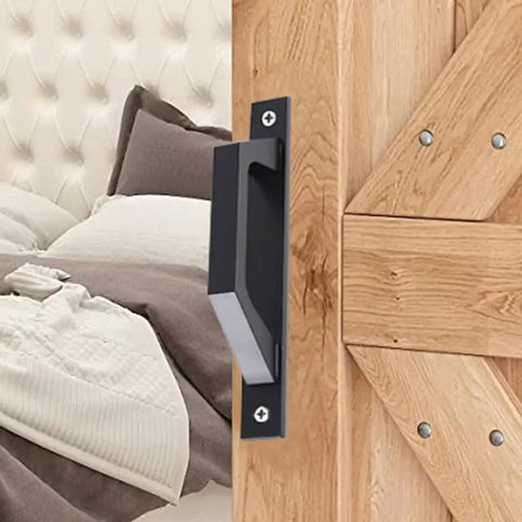 Close-up of 7.9 Inch Sliding Barn Door Handle Black 2 Pack Wooden Door Pull Handle for barn doors in farmhouse setting.