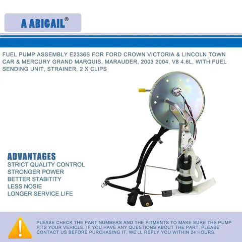 Ford Fuel Pump Assembly That Fits Crown Victoria Lincoln Town Car Mercury Grand Marquis Marauder 2003 2004 V8 4.6L Gas Replace E2336S 4W1Z9H30 Plug And Play Direct Fit Replacement With Verified Compatibility And Durable Build product shown with sending unit and strainer