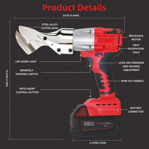 Cordless Metal Cutter With Rotating Head, Heavy Duty 221 Ft Lbs Torque Metal Shears, illustrated features, and dimensions