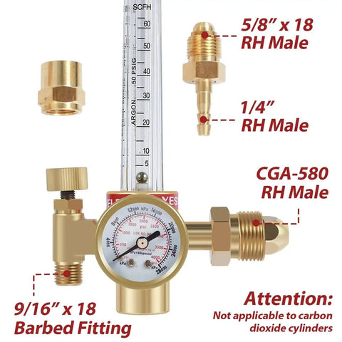 MIG TIG Gas Flow Meter For Argon CO2 Helium Nitrogen Welding 0 To 4000 PSI Gauge With 10 To 60 CFH Adjustable Copper Flowmeter Regulator