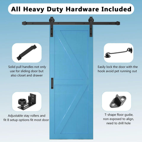 Blue heavy duty sliding barn door kit with five foot track, 350 lb capacity, includes handles, floor guide, and lock set.
