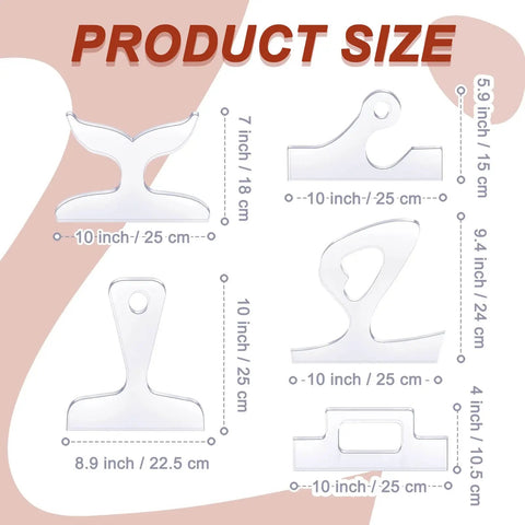 Five Pcs Acrylic Charcuterie Board Handle Template Set, Pro Grade DIY Woodworking Templates For Cutting Boards And Stencil Guides, Angled Curvy Triangle, Fishtail And Rectangle Shapes, 10x8 Inch Laser Cut Tools displayed with dimensions.