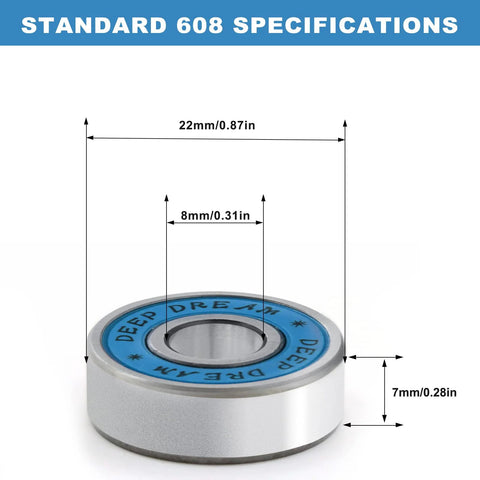 608RS skateboard bearing, chrome steel with double rubber seal, 8x22x7mm