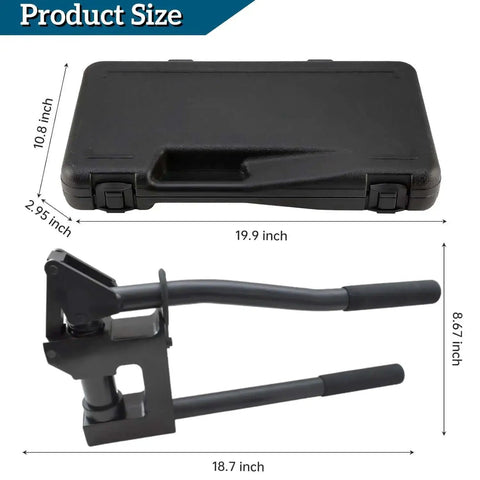 Workhorse Manual Metal Stud Punch Tool Kit with dies and case, dimensions indicated, for 20 gauge sheet metal and aluminum use.