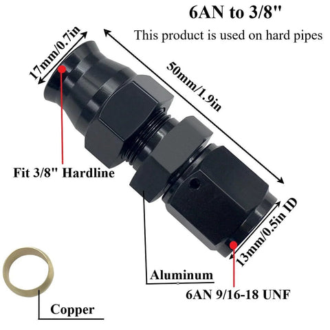 YSIL 6AN to 3/8 in tube hardline fitting adapter, aluminum, black, 2-piece set