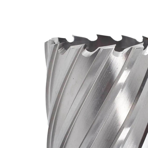 Close-up of High Speed Two And One Eighth Inch Annular Cutter For Magnetic Drill Press With Two Inch Cutting Depth And Three Quarter Inch Weldon Shank Two Flat Pilot Pin And Thin Walled Dual Teeth Ten Times Faster Than Regular Drill Bits By OSCARBIDE showing fluted teeth and steel construction.