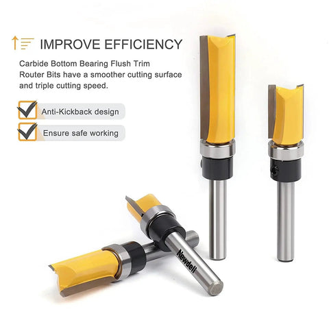 Pattern Flush Trim Router Bit Set With Bearing Guide for woodworking, various sizes, yellow heat-treated carbide, 1/4 inch shank.