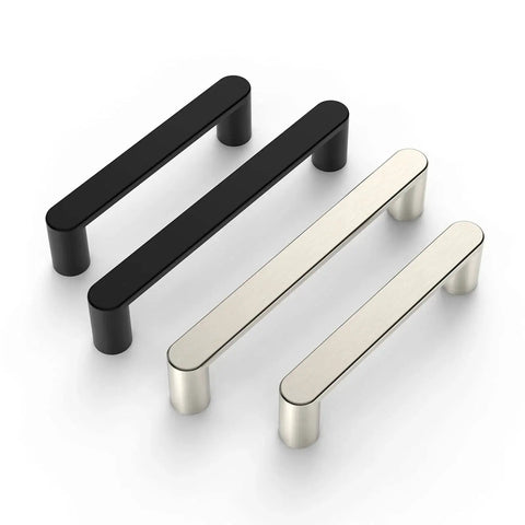 10 Pack Matte Black 5 Inch Hole Center Kitchen Cabinet Pulls ZH0005MB Modern Hardware shown with stainless steel pulls