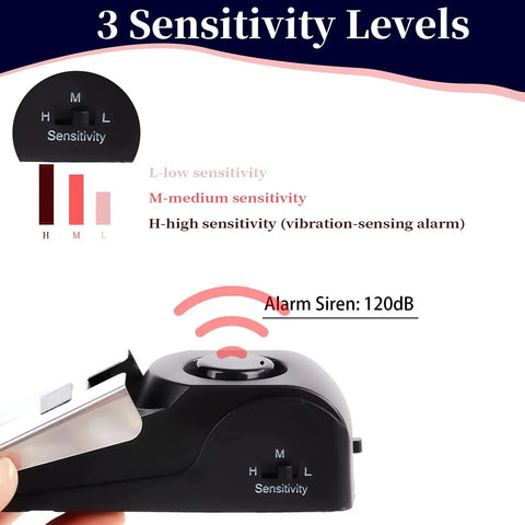Door Stop Alarm 120dB Security Floor Wedge Door Stopper For Travel Home Pack 2 showing sensitivity levels and 120dB alarm