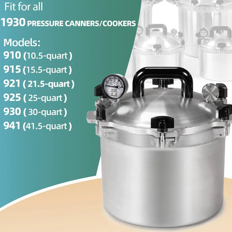 Pressure dial gauge for 1930 pressure canners/cookers; stainless steel canner with black handle and gauge.