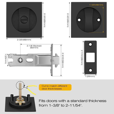 Matte Black Pocket Door Lock Set, No Key Needed Privacy Latch For Bedroom And Bathroom assembly and dimensions