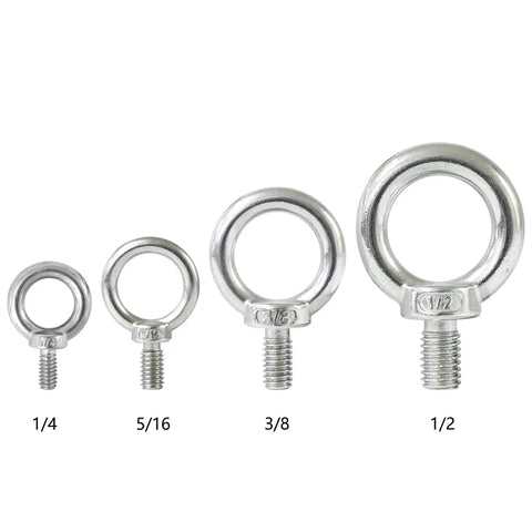 Four marine grade 316 stainless steel lifting shoulder eye bolts in 1/4, 5/16, 3/8, and 1/2 inch sizes, showing UNC threading.