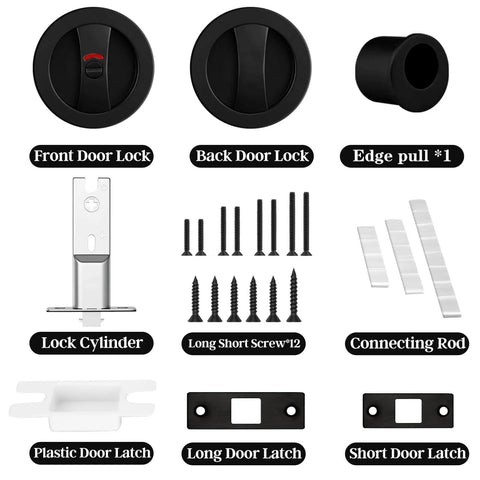 Round Pocket Door Lock And Edge Pull Privacy Latch With Color Coded Indicators Dope Matte Black Flush Pocket Door Hardware kit