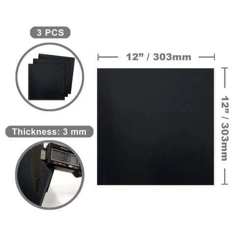 Black Phenolic Sheets 12x12 Inch One Eighth Inch Thick Pack of 3 Laminated Resin Boards for Electronics Fixtures DIY Projects and Crafts Pro for Electrical Enclosures Spacers and Prototyping, showing dimensions and thickness.