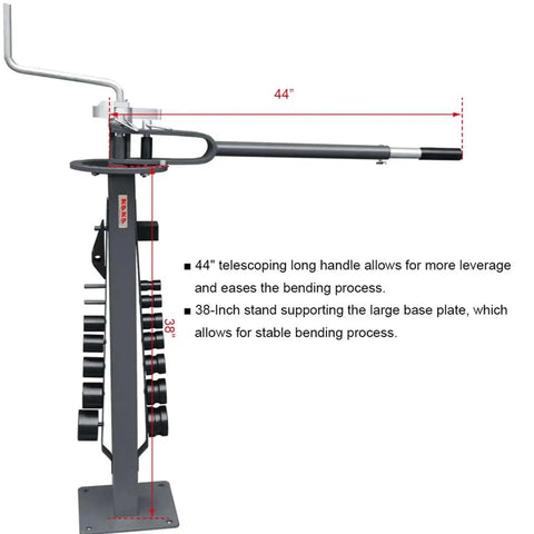Side view of Floor Type Compact Metal Bender With 38 Inch Stand And Large Base Plate 14 Dies Truck Ready Portable Heavy Duty Bender UBM 30.