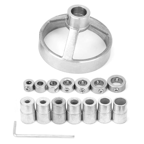 16 Piece Woodworking Drill Guide Set with Vertical Drilling Fixture and Hole Puncher Locator components displayed.