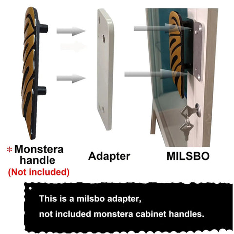 2-Piece Cabinet Handle Adapter Set For Milsbo Greenhouse Cabinets, aluminum adapter showing installation with Monstera handles and Milsbo frame
