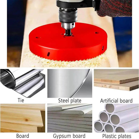 Bi Metal 5.5 Inch Hole Saw HSS Cutter with Arbor drilling into wood, showcasing versatile use on various materials.
