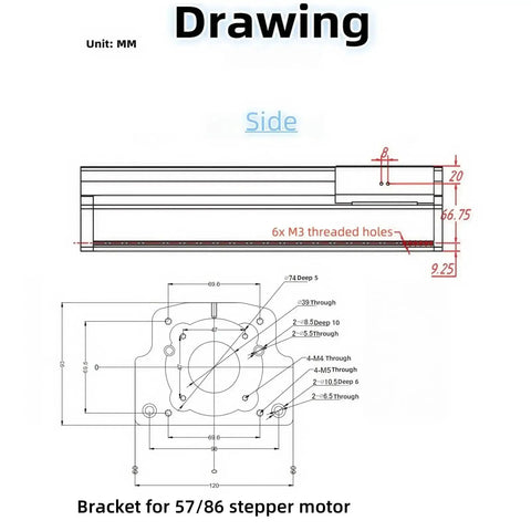 Technical drawing of Go-To Heavy Duty Linear Stage Table With Four Inch Stroke For CNC Motion component, side view with measurements