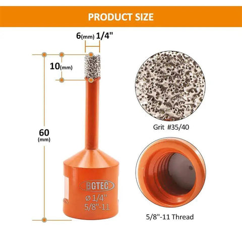 Dry Diamond Core Drill Bits Set For Porcelain Tile And Stone 6mm 1/4 Inch With 5/8-11 Thread 2 Pack Wax Core Cooling BGTEC size chart