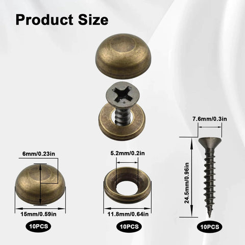 Product size diagram of brass decorative screws with caps for wall hangings. 15mm bronze self-tapping fasteners with cap covers.