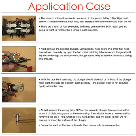 007 Silicone O-Ring replacement steps in an application case: solenoid valve module, plunger, tools, and final O-ring.