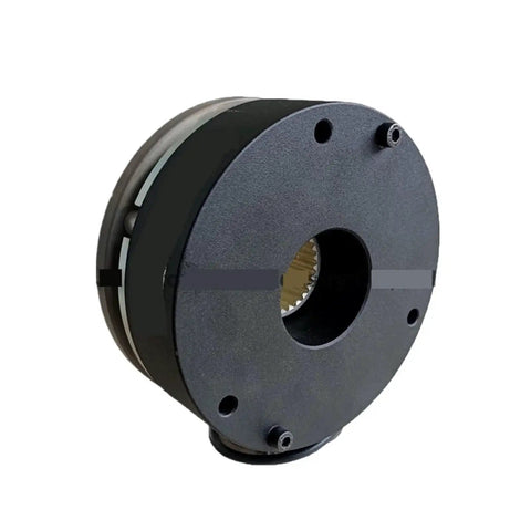 Front view of round black electromagnetic brake/clutch housing with central splined bore and mounting holes.