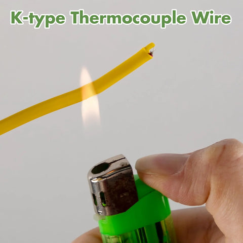 K-type thermocouple wire AWG 24, solid yellow PVC insulation; exposed copper end near a green lighter.