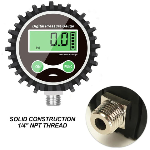 Digital tire pressure gauge with 1/4'' NPT bottom connector and rubber protective ring; 5–200 psi range.