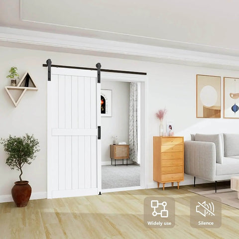 4Ft Sliding Barn Door Hardware Kit For 1 3 Eighths To 1 3 Fourths Inch Doors Heavy Duty Black I Shape Hangers installed in living room
