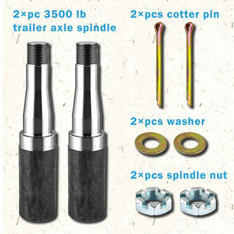 Image of Two Pack Trailer Idler Hub Kits With Five On Four Point Five Inch Bolt Pattern For 3500 Lb Axles With Round No 84 Spindles By RigsNParts Built Tough For Smooth Rolling And Easy Install On Any Job Site showing spindles, cotter pins, washers, and nuts.