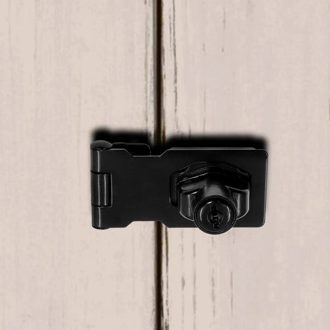 Flat black stainless steel hasp lock installed on cabinet, part of Two Pack 2.5 Inch Hasp Lock With Keys Flat Black Stainless Steel Cabinet Latch.