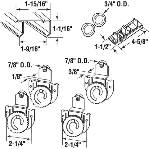 Detailed diagram of Bypass Sliding Closet Track Kit For A 2-Door Setup, 72-Inch Rail With 7-8-Inch Wheels and Adjustable Roller Carriages.